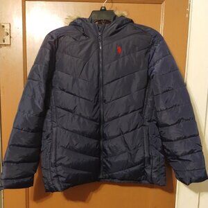 WOMENS NAVY BLUE US POLO ASSN PUFFER JACKET WITH FAUX FUR HOOD AND FUR LINING XL